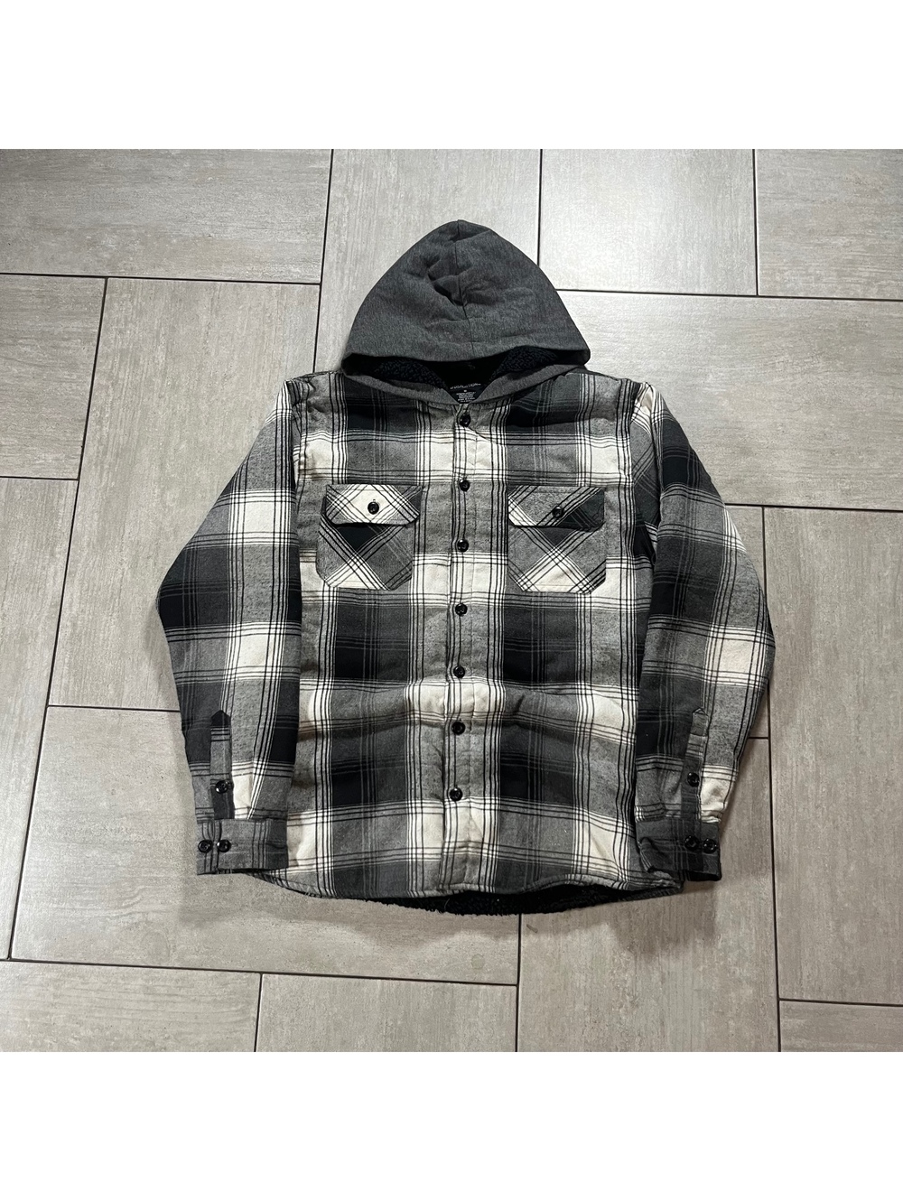 Distortion Hooded Plaid Button-Up Shirt Jacket Medium